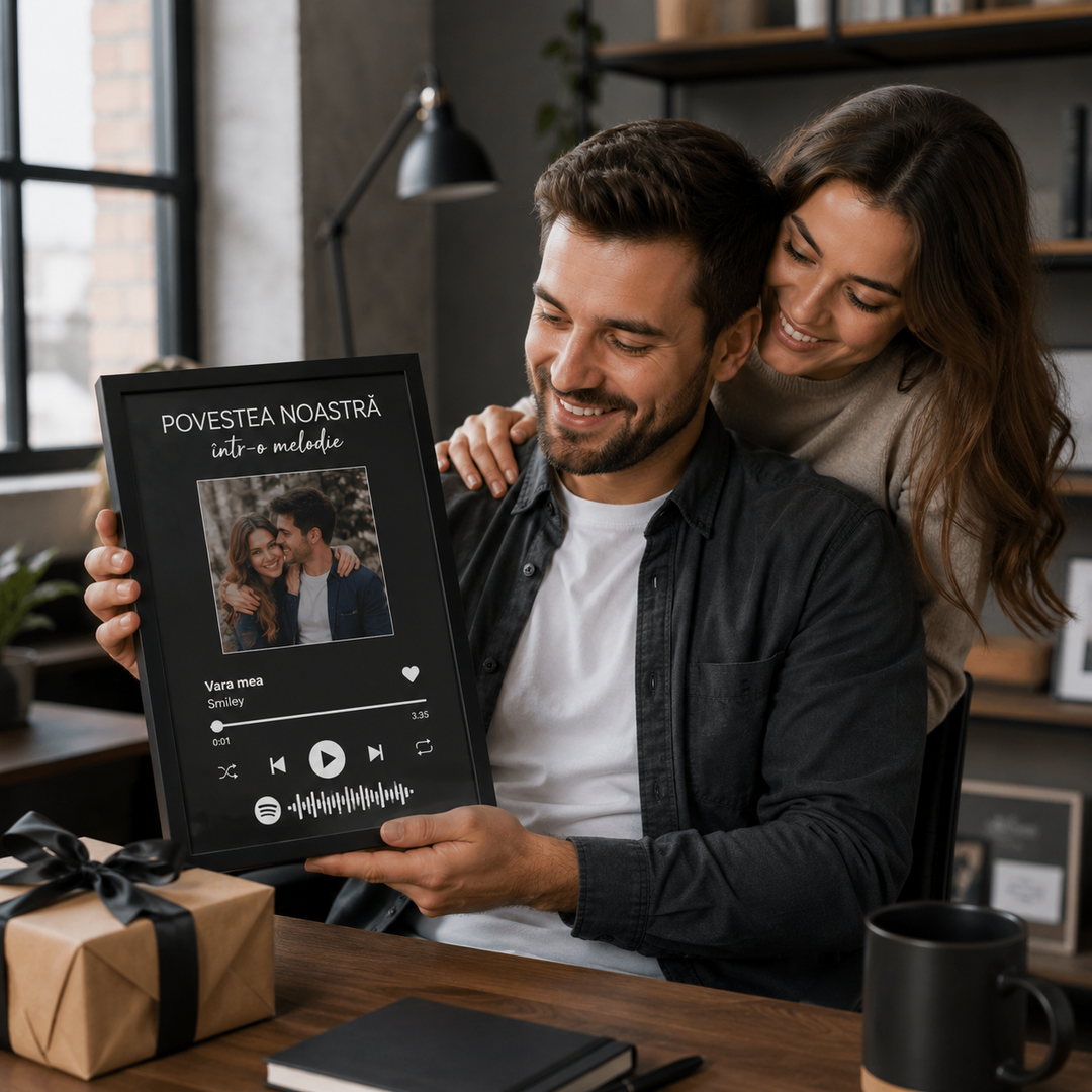 Bărbat ținând în mână un tablou personalizat cu fotografie și melodie, în timp ce este îmbrățișat de o femeie într-un decor modern.