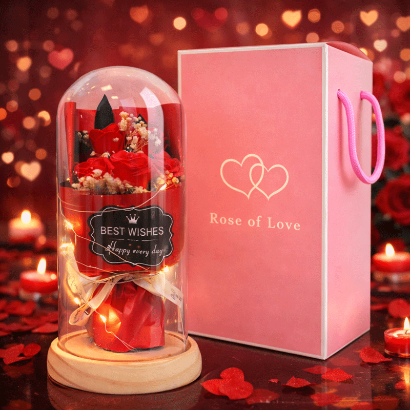 Buchet Trandafiri în Cupolă de Sticlă cu LED – Cadou Romantic