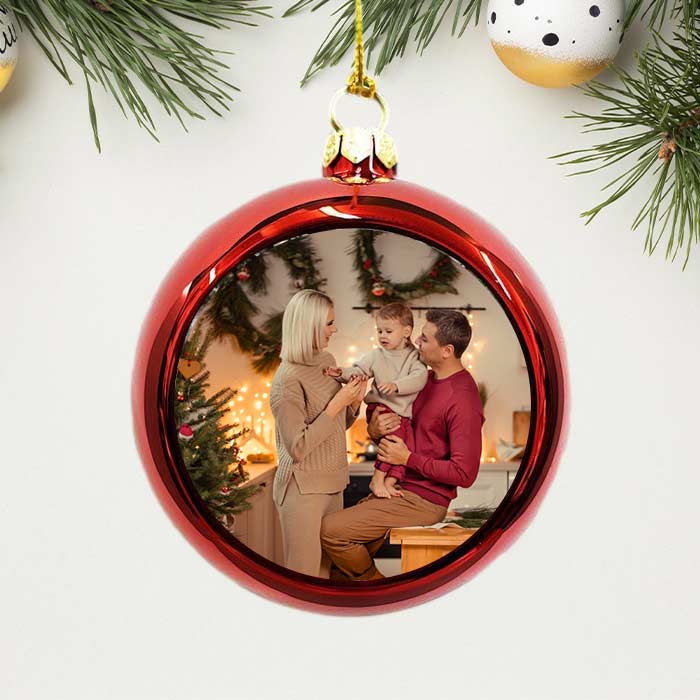 Glob personalizat cu fotografie, ornament pentru familie, glob roșu pentru Crăciunul în familie - TabloPrint