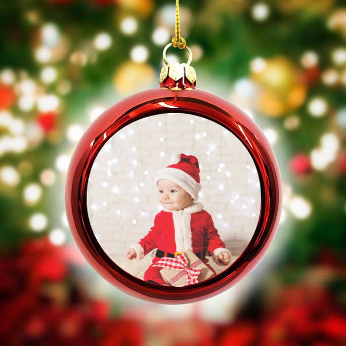 Glob personalizat cu fotografie, ornament personalizat cu poza bebelușului, glob rosu pentru Primul Crăciun al bebelușului - TabloPrint
