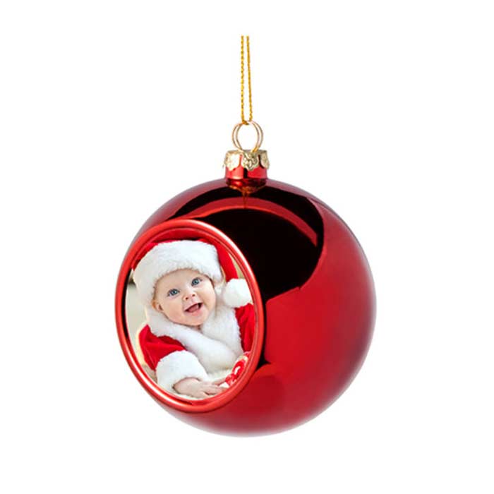 Glob personalizat cu fotografie, ornament personalizat cu poza bebelușului, glob rosu pentru Primul Crăciun al bebelușului - TabloPrint
