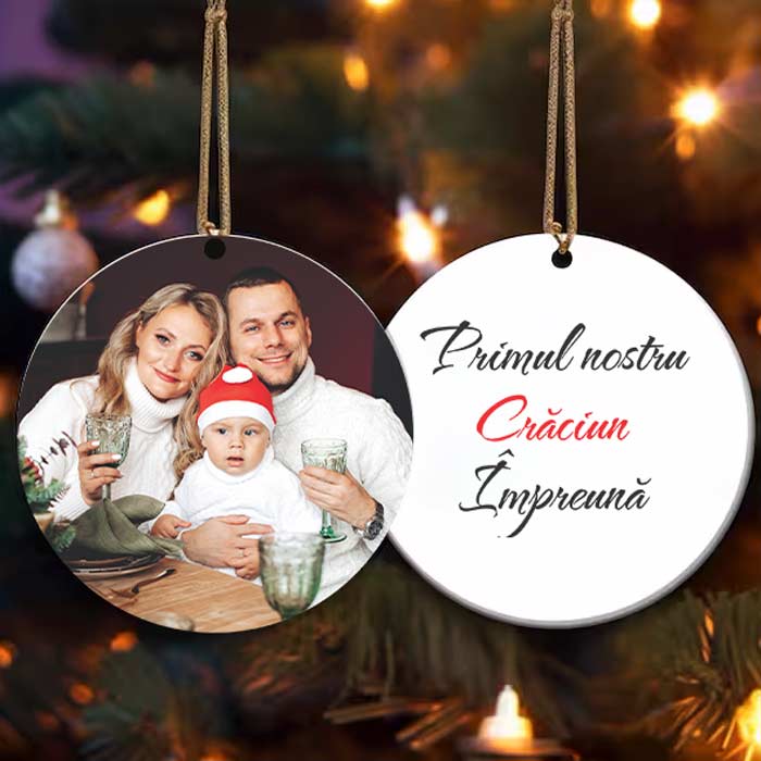 Ornament personalizat cu fotografie de familie pe față și mesaj personalizat pe spate, cadou special de Crăciun sau pentru casă nouă - TabloPrint